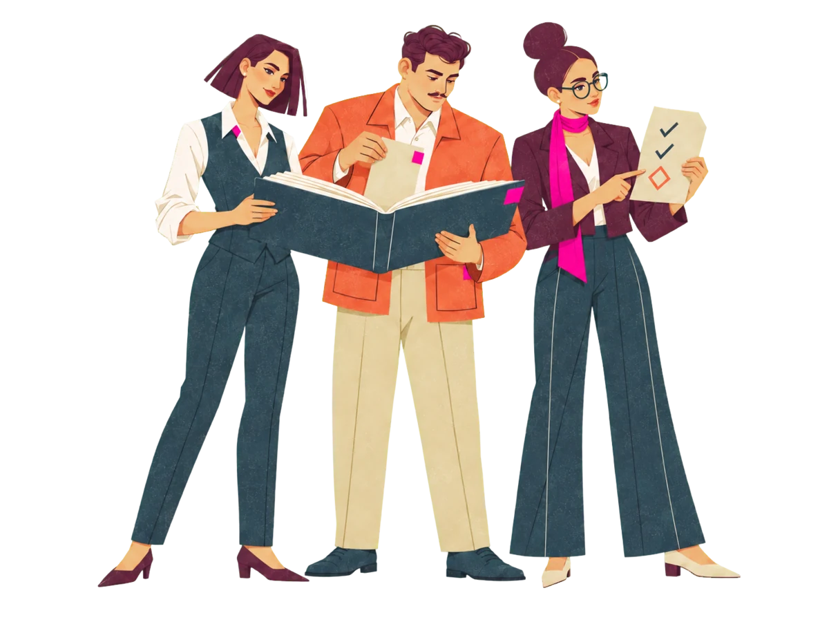 Mira, Ivo and Noor hold one open slate rulebook together while Noor checks a page against her checklist.