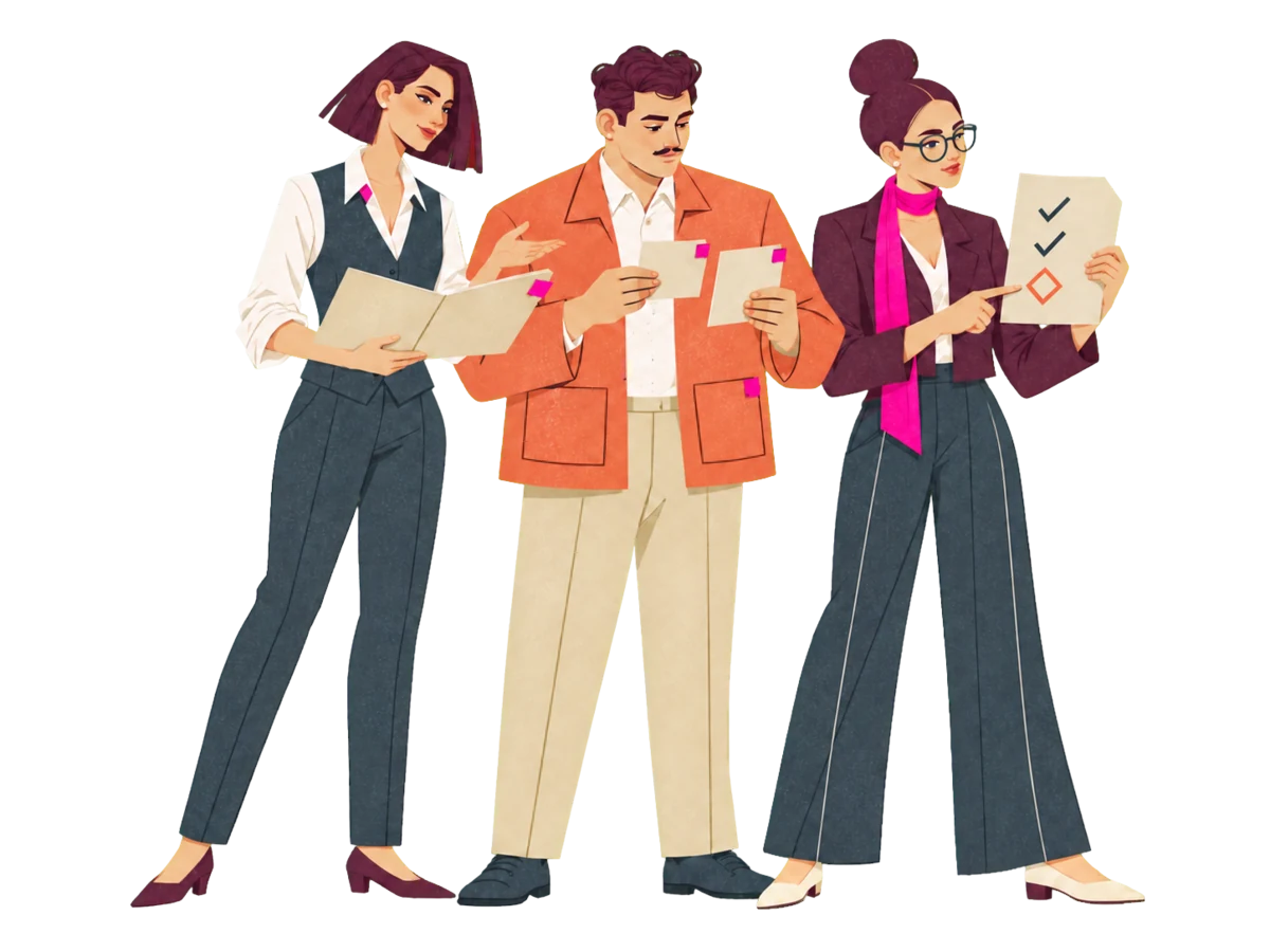 Mira, Ivo and Noor stand together: Mira holds an open folio, Ivo holds two work cards, and Noor points at a checklist with two ticks and one open item.