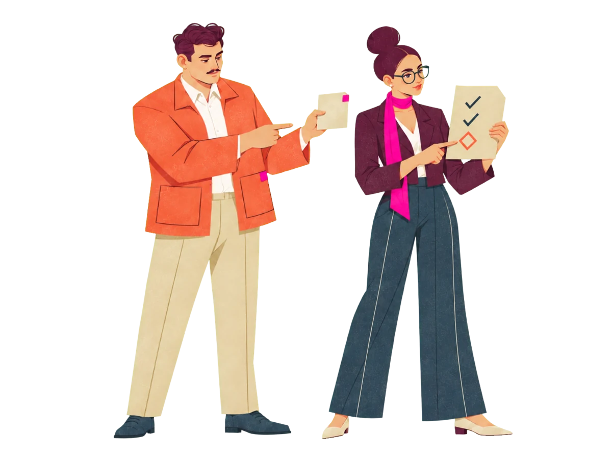 Ivo points toward a work card while Noor indicates an open item on her checklist.