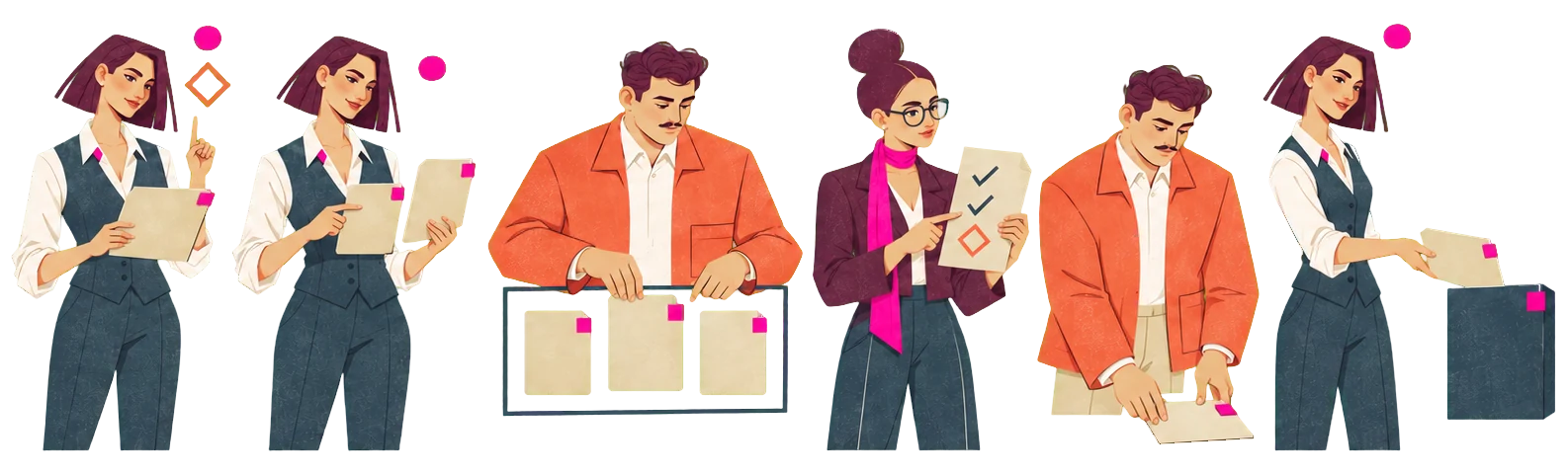 Six stages in order: Mira raises a question over the request, Mira confirms the plan, Ivo arranges three cards inside a frame, Noor reads the checklist with one open item, Ivo places the updated document, Mira hands the folio into the code host's box.