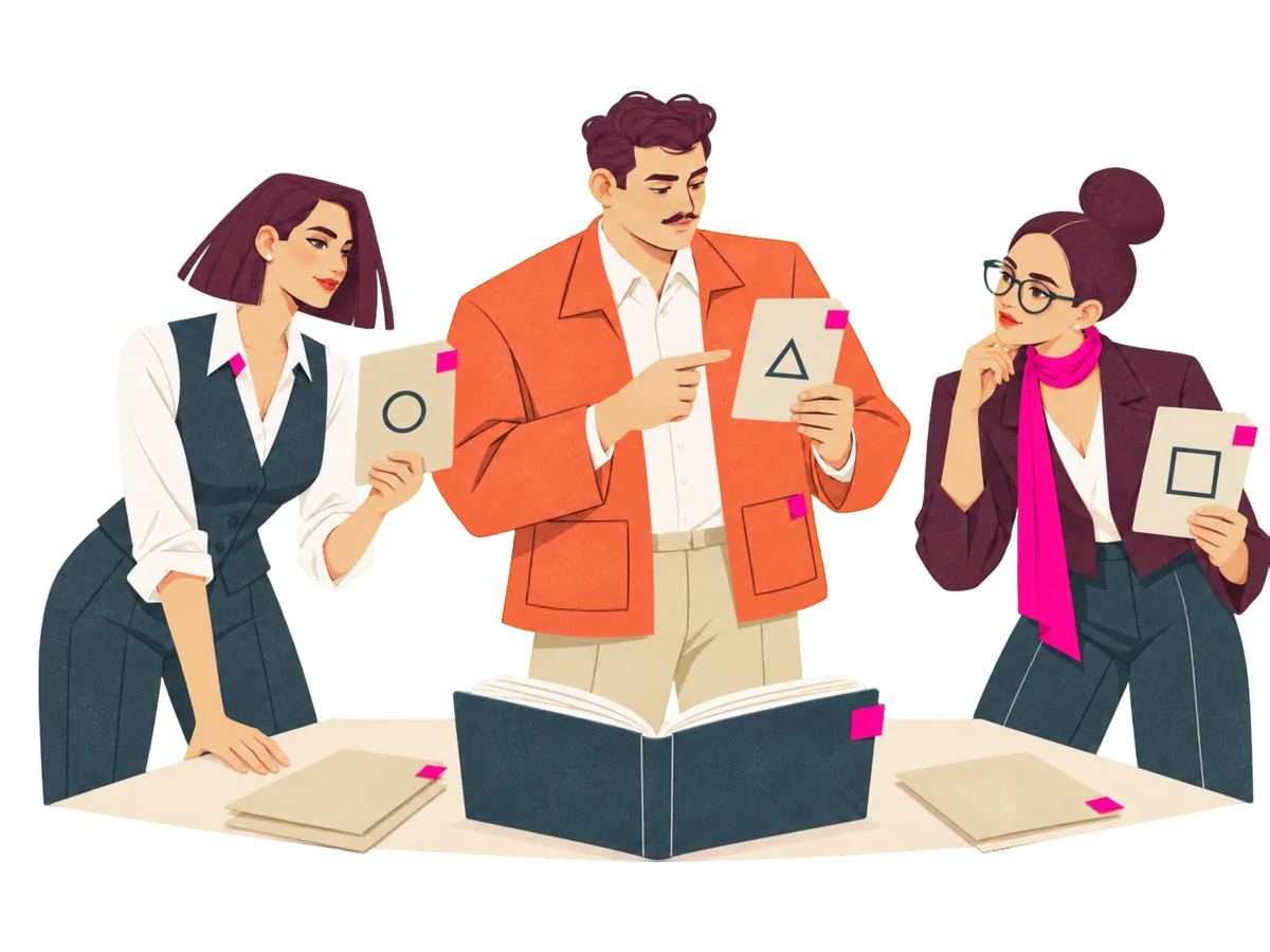 Mira, Ivo and Noor gather around one open slate rulebook, each holding a card with a different badge shape: a circle, a triangle and a square.