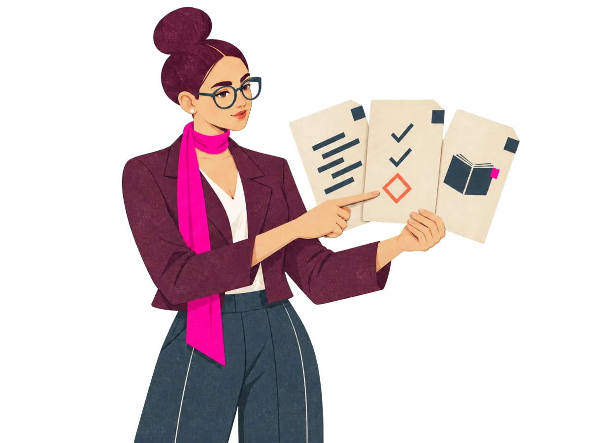 Noor fans three linked cards: a change card, a checklist with two ticks and one open coral diamond, and a document with a pink tab, each carrying the same marker.
