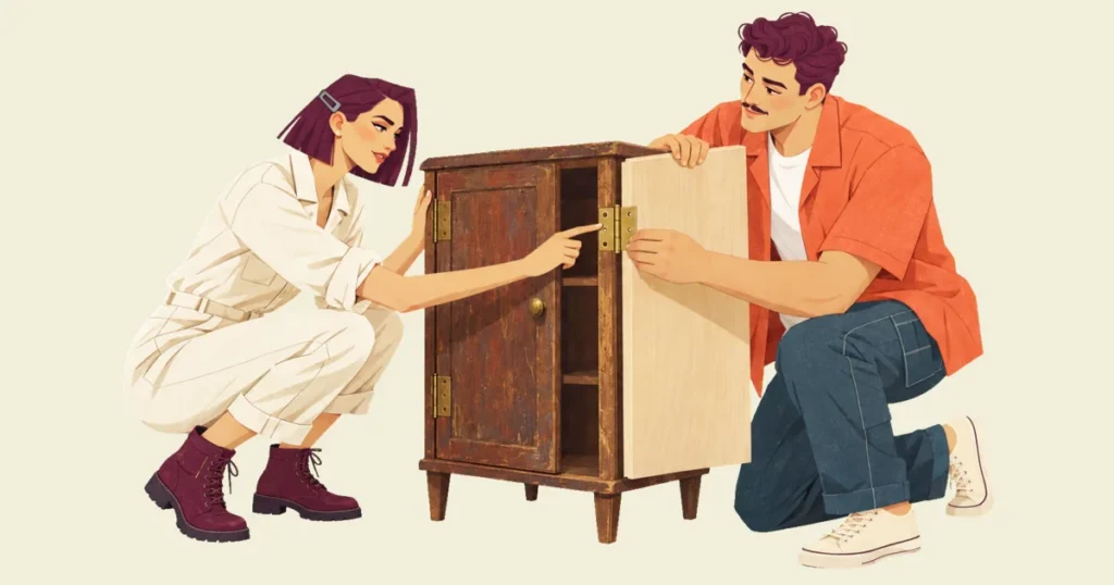 Illustration of Mira crouching at an old wooden cabinet and pointing at a new brass hinge while Ivo, kneeling, holds a new pale wooden door against the cabinet's open side.