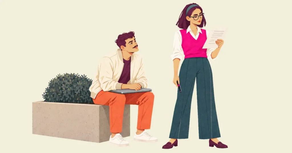 Illustration of Ivo sitting on the edge of a concrete planter with a closed laptop on his knees, looking up at Noor, who stands beside him reading a printed page with a pen in her other hand.