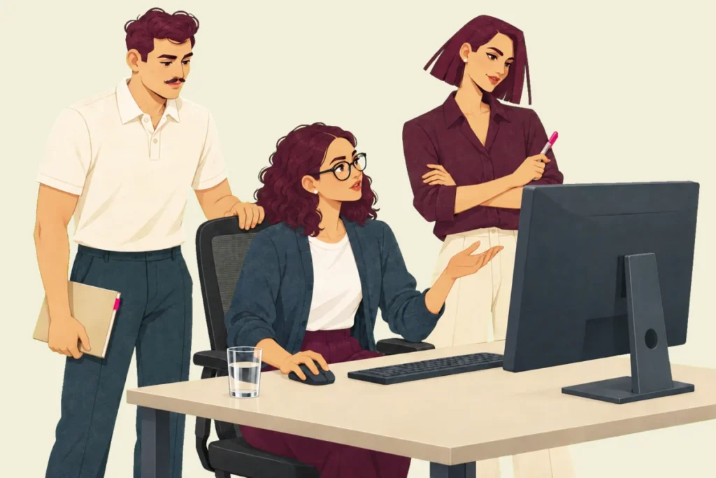 Illustration of Noor at a monitor turning to ask Mira, who stands beside it with her arms folded, while Ivo waits behind Noor's chair with a notebook.