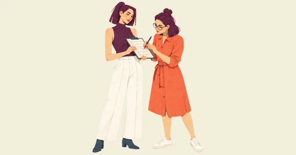 Mira holds a clipboard with a printed checklist steady while Noor, standing close beside her, writes on it with a pen.