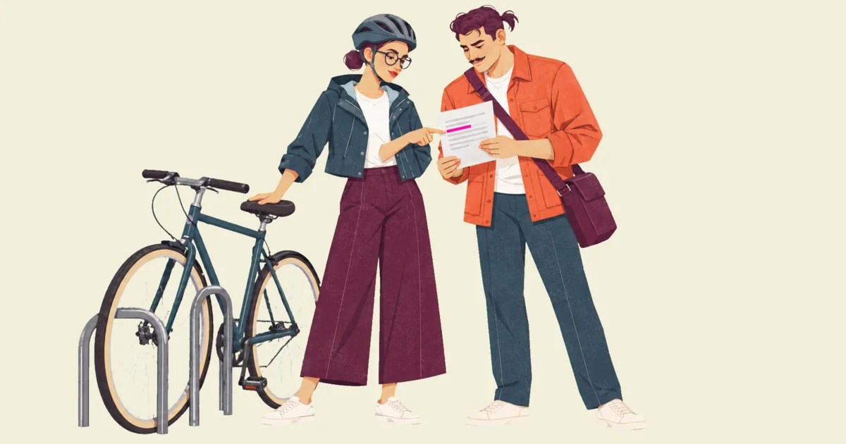 Illustration of Noor, still in her cycling helmet with one hand on her bicycle's saddle at a bike rack, pointing at a highlighted line on the page Ivo holds and reads.