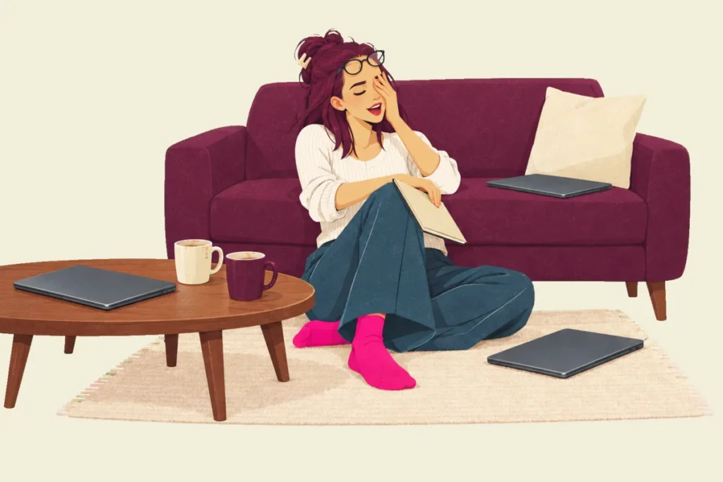 Illustration of Noor sitting on a rug against the sofa, hugging a folder, three closed laptops and two mugs around her, glasses pushed up onto her head and a hand over one eye, eyes shut in a tired, half-yawning laugh.