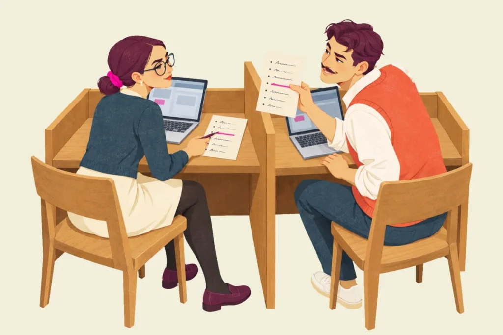 Illustration of Noor and Ivo at neighbouring library study carrels; Ivo turns to hold up his handwritten list with one line highlighted, while Noor points her pen at the highlighted line on her own list.