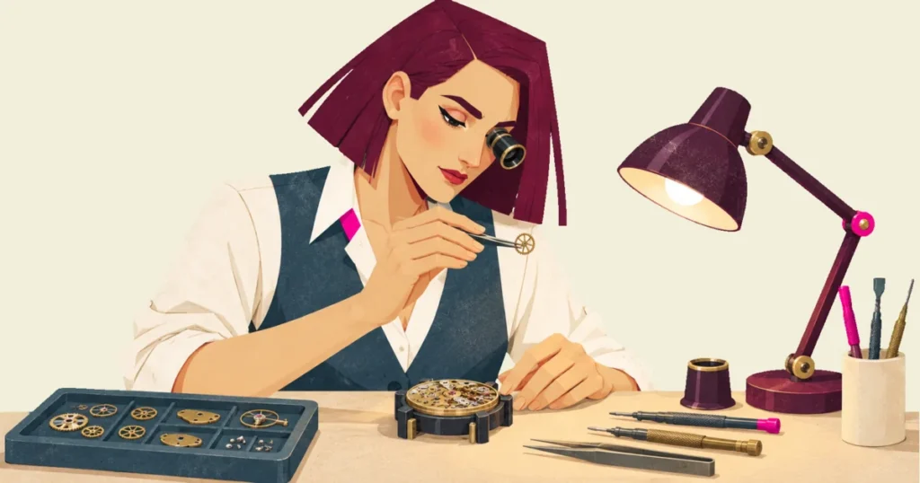 Mira uses tweezers and a watchmaker’s loupe to inspect a gear inside an open pocket watch.