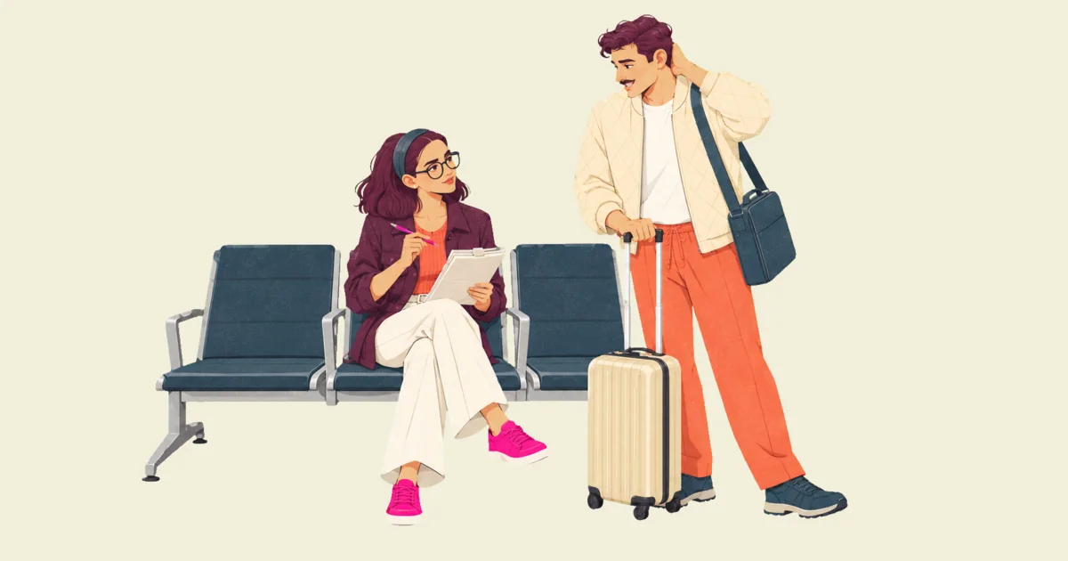 Illustration of Noor seated on a row of airport waiting chairs with a pen and a few printed pages on her knee, looking up from his pull request description at Ivo, who stands beside a rolling suitcase with a bag on his shoulder and a hand behind his head before he leaves.