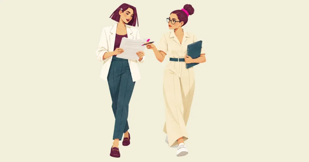 Illustration of Mira and Noor walking side by side, Mira holding a few printed pages while Noor, a dark folder under one arm, points her pen at a line on them and Mira turns to listen.
