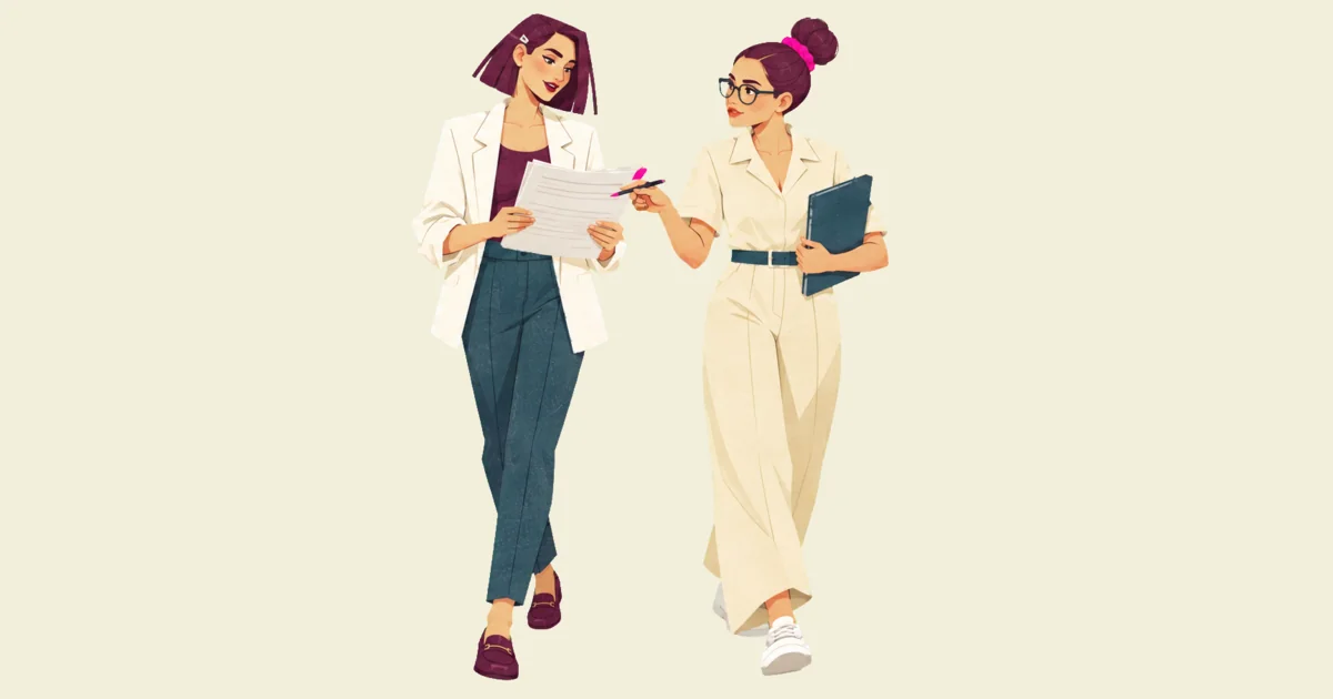 Illustration of Mira and Noor walking side by side, Mira holding a few printed pages while Noor, a dark folder under one arm, points her pen at a line on them and Mira turns to listen.