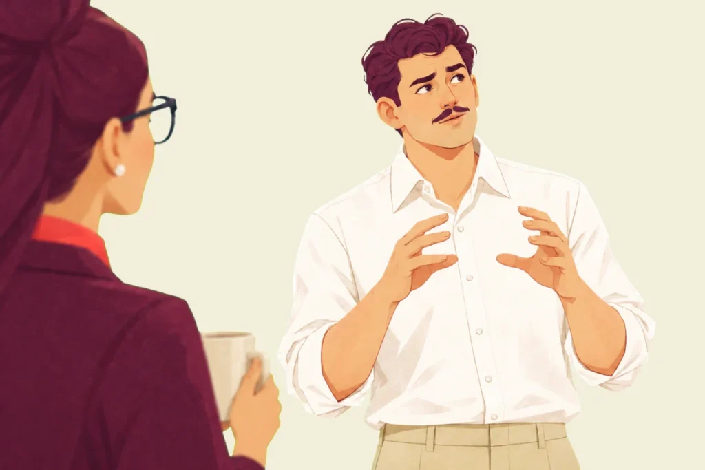Illustration over Noor's shoulder, mug in hand, of Ivo stopping mid-explanation with his hands frozen in the air and his eyes lifted as he searches for the part he cannot explain.