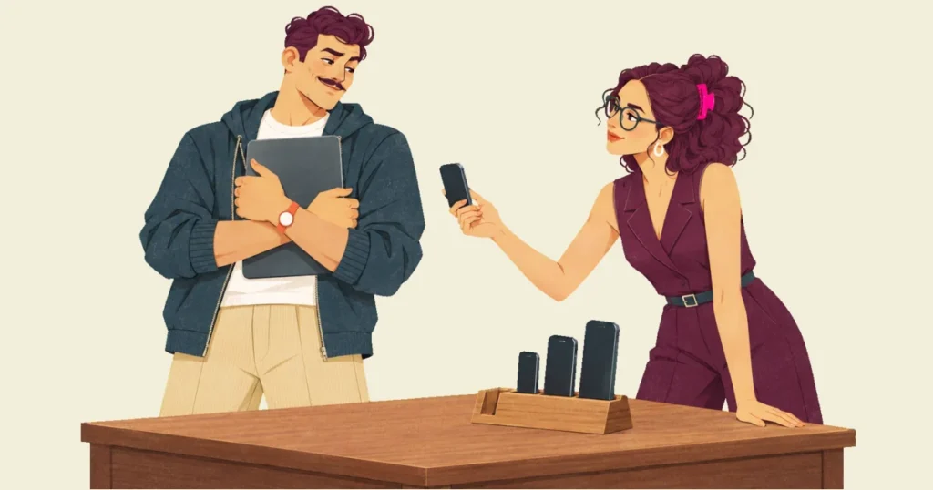 Noor leans across a wooden desk and holds a small phone toward Ivo, who hugs a large tablet to his chest beside a stand holding three larger phones.