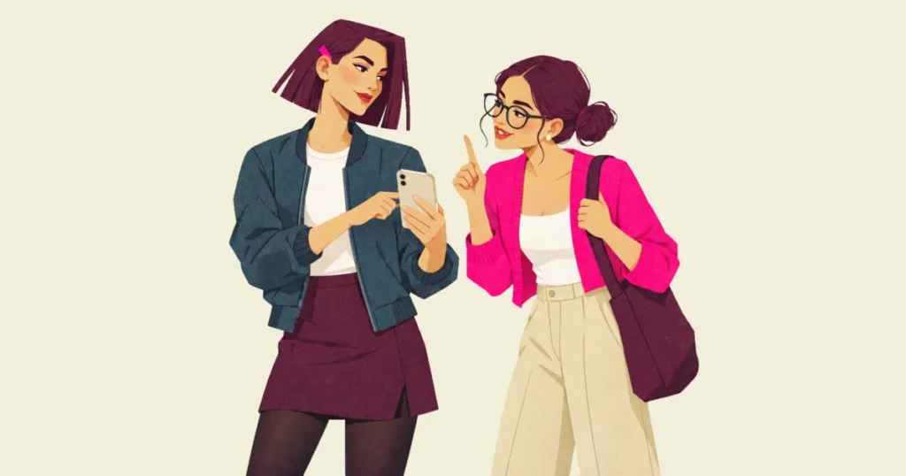 Illustration of Mira pointing at the screen of the phone in her hand as she turns to Noor, who grins and raises one finger as if proposing a challenge, a bag over her shoulder.