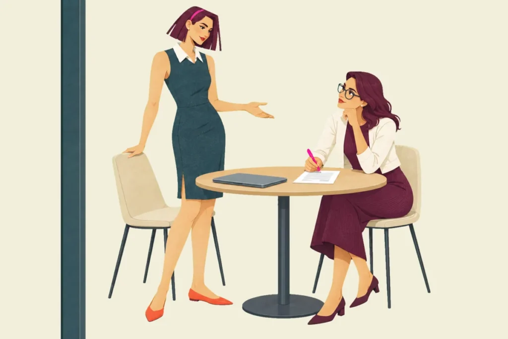 Illustration of Mira standing by a small round table, one hand on a chair back and the other open as she explains, while Noor sits with her chin on her hand and a pen on a single printed page beside a closed laptop, looking up as she listens before she gives her approval.