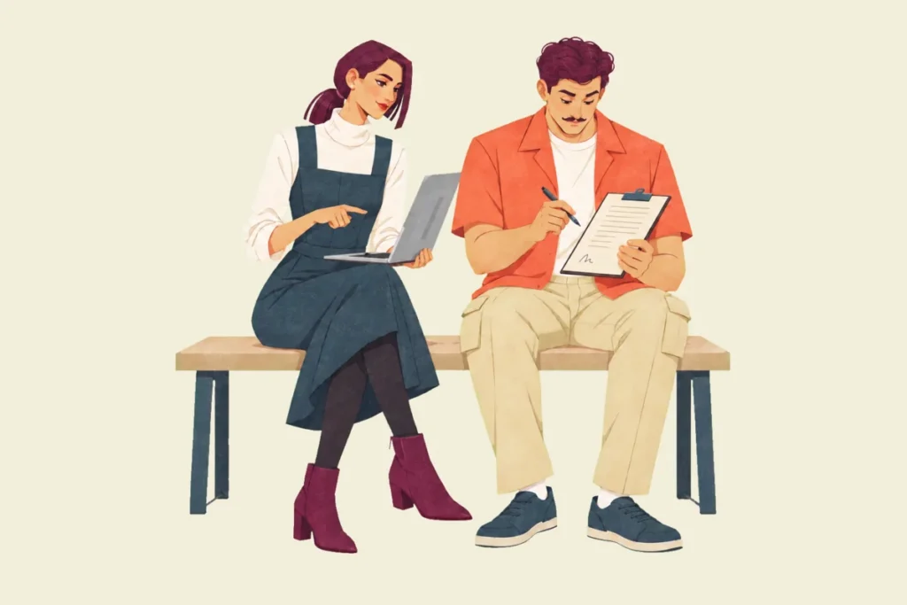 Illustration of Mira and Ivo side by side on a bench, Mira holding an open laptop and pointing at it as she glances toward Ivo, while Ivo looks down at a printed plan on his clipboard, pen in hand, with a small handwritten mark near the foot of the page.