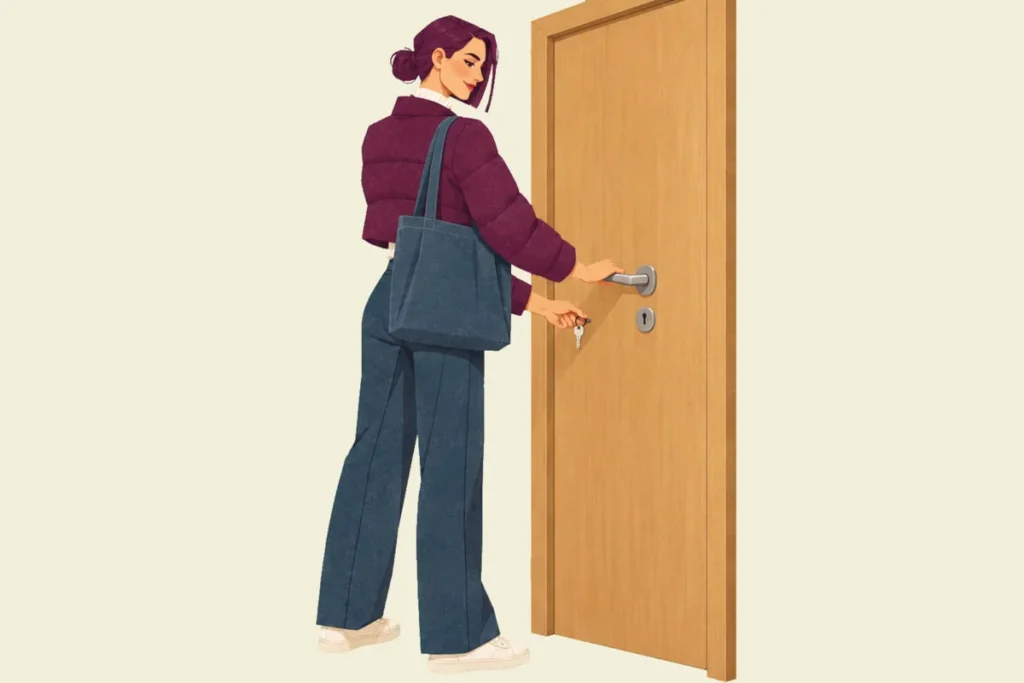 Illustration of Mira, a tote bag on her shoulder, holding a closed door by its handle with one hand while bringing a key to the lock with the other.