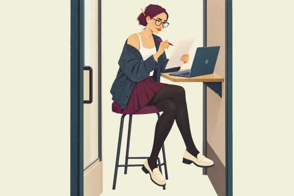 Illustration of Noor alone in a co-working phone booth, perched on a stool at a narrow ledge with her laptop, holding up a printed page with a pen raised and a dry half smile, as she finds a claim the code does not support.