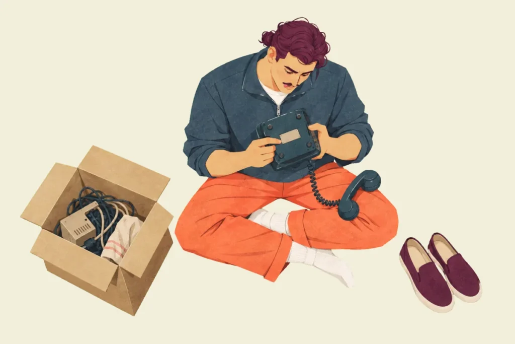 Illustration seen from above of Ivo sitting cross-legged in socks, holding an old desk telephone upside down and studying the small blank plate on its base, the handset resting on his knee, an open cardboard box of tangled cables beside him and his shoes set to one side.