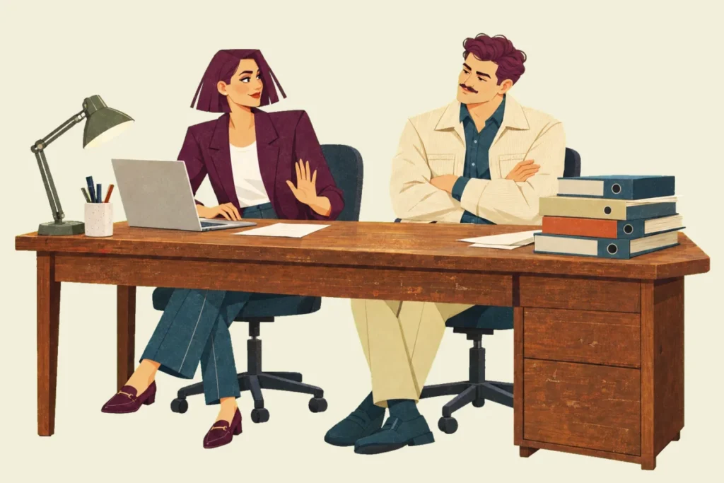 Illustration of Mira at an old wooden desk stacked with binders, one hand on her laptop and the other raised to pause, while Ivo, arms folded, corrects her with a knowing half smile.