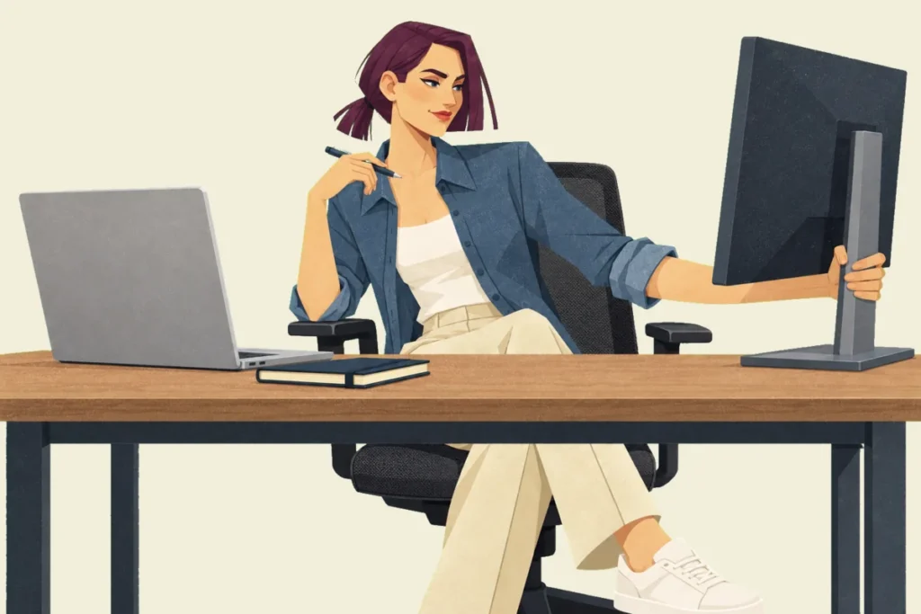 Illustration of Mira pushing back from her laptop and pulling a second monitor toward her by its stand, eyes narrowed, to check a record instead of taking the laptop's answer on trust.