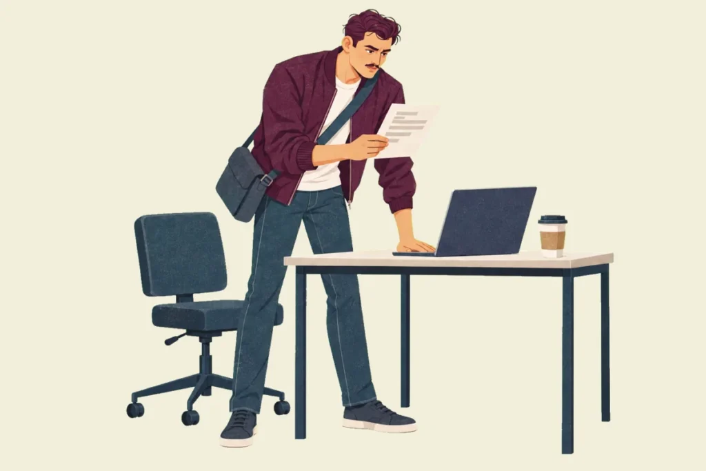 Illustration of Ivo, still in his jacket with his bag across his chest, bent over his desk with a printed note held up beside the laptop, frowning as he compares the two.