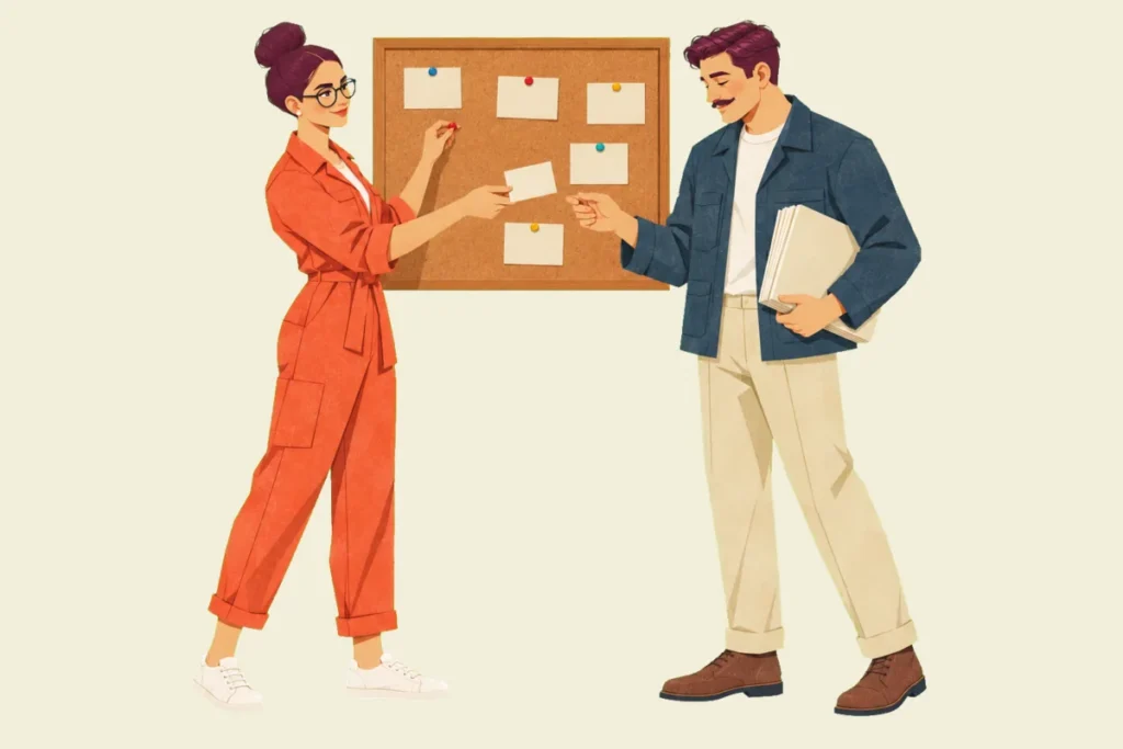 Illustration of Noor, one hand still on a pin in a cork board, handing a small index card to Ivo, who holds a thick printed plan under his arm and reaches for the card with a rueful smile.