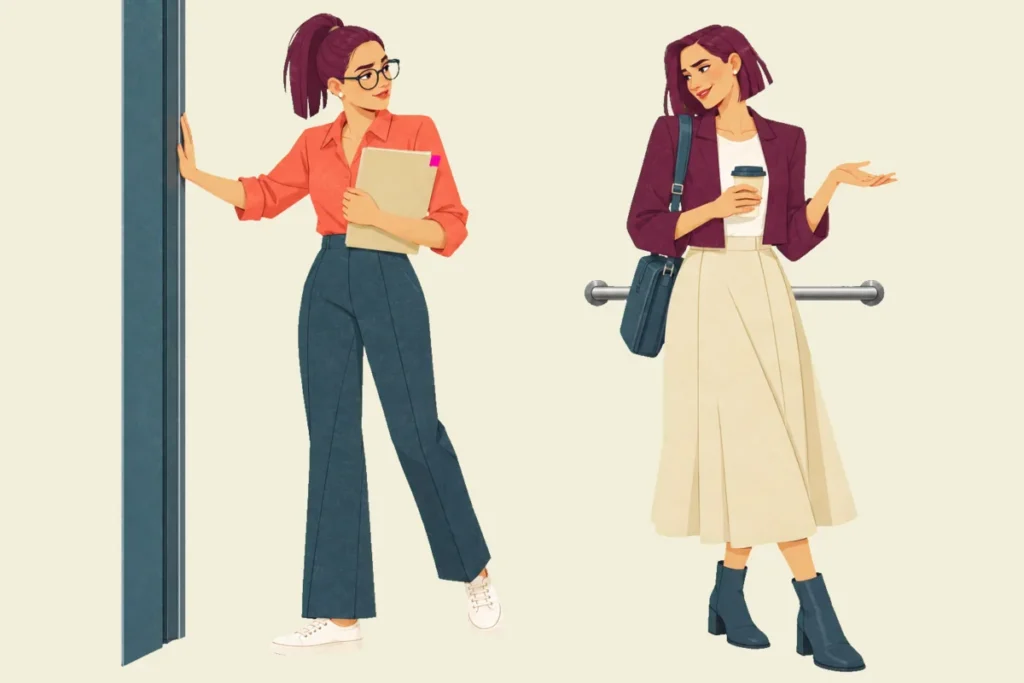 Illustration inside an office lift of Noor holding the door with one hand and a folder against her chest, turning toward Mira, who has a coffee cup in one hand and a laptop bag on her shoulder and waves the other hand as she mentions a new request in passing.