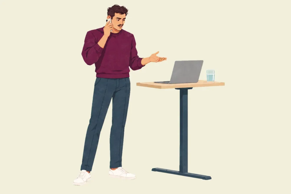 Illustration of Ivo standing beside a standing desk, phone to his ear and his free hand held open toward his laptop, frowning as he talks.
