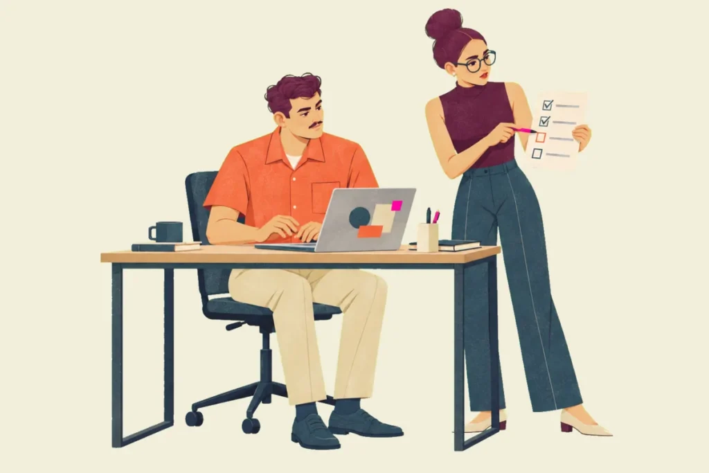Illustration of Ivo pausing at a laptop while Noor points to an unchecked item on a paper checklist.