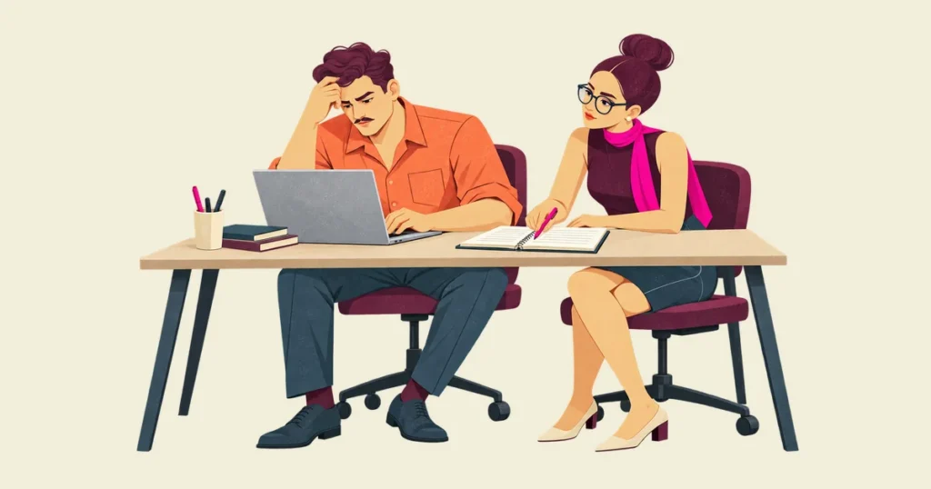 Ivo studies a laptop with a worried expression while Noor calmly marks a notebook beside him at an office desk.