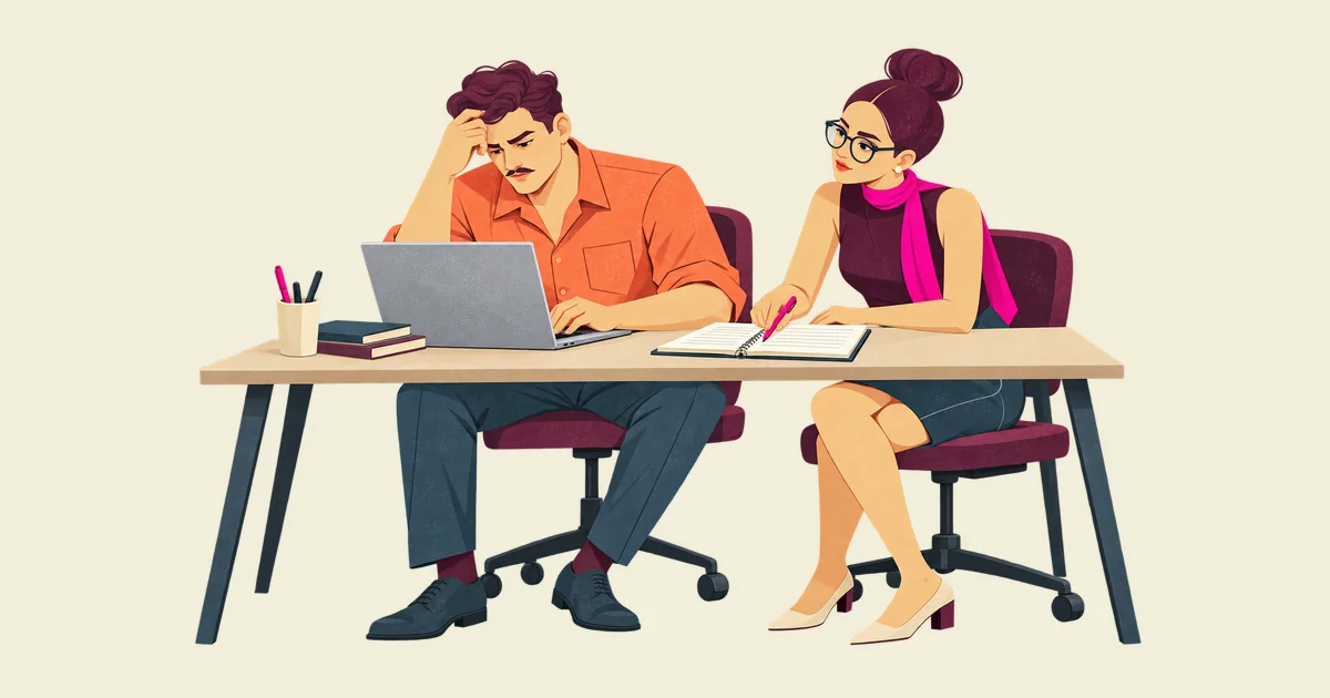 Ivo studies a laptop with a worried expression while Noor calmly marks a notebook beside him at an office desk.