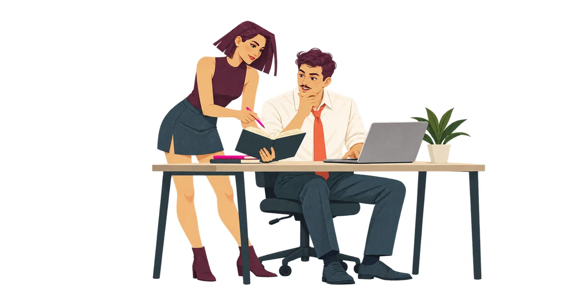 Mira points to an open notebook beside Ivo’s laptop as they look for code the project already has.