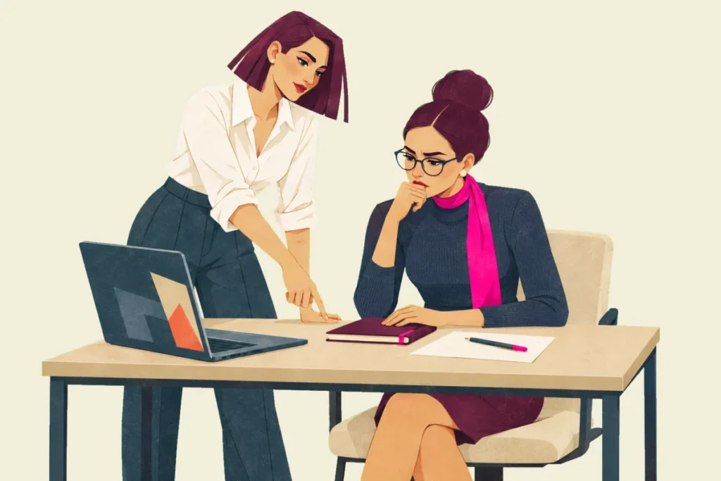 Illustration of Noor studying a laptop with concern while Mira points to a notebook beside it.