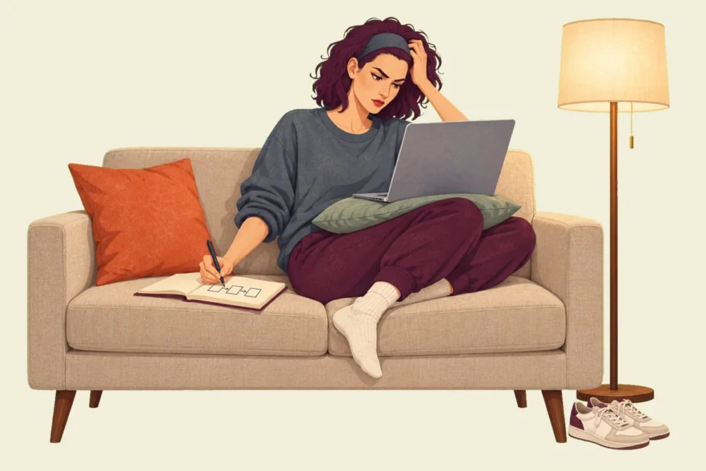 Illustration of Mira on a low sofa under a lit floor lamp, laptop on a cushion and a notebook beside her, one hand pushed into her hair as she sketches a problem out by hand.