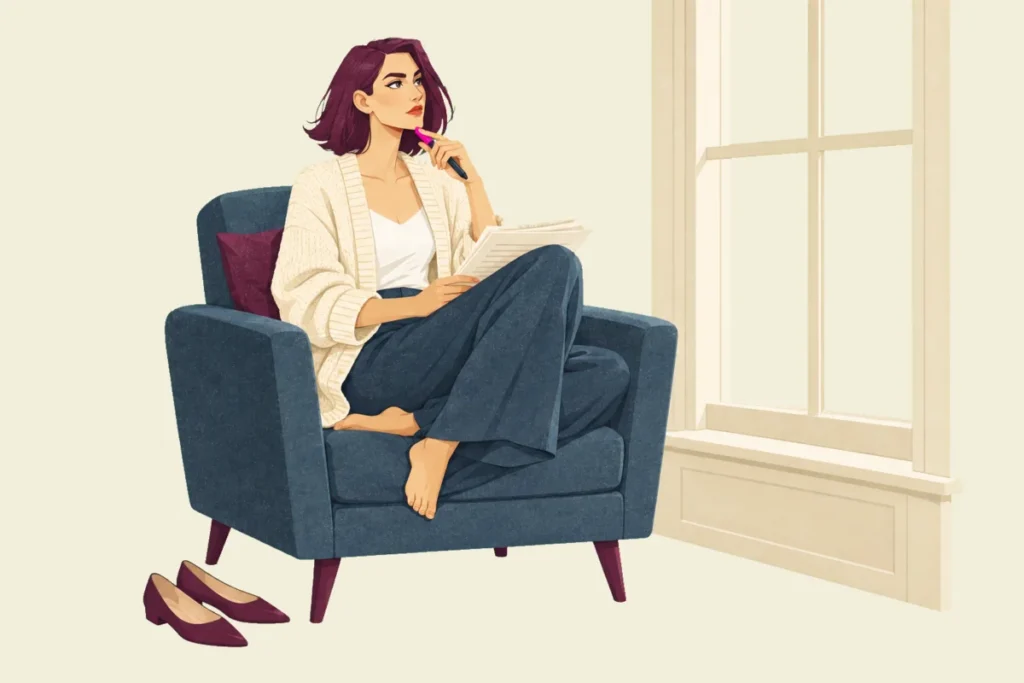 Illustration of Mira curled barefoot in a blue armchair beside a tall window, her shoes on the floor, printed pages on her lap and a pen raised to her chin as she gazes toward the window, weighing a decision none of the checks made.