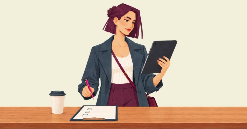 Mira stands at a wooden counter trying a feature on a tablet held in one hand, her pen held back above a clipboard checklist whose three boxes are still empty, a takeaway cup beside it.