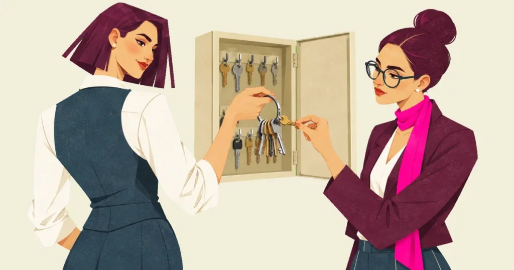 Mira, seen from behind, holds a heavy key ring while Noor removes one brass key beside an open wall cabinet filled with keys.