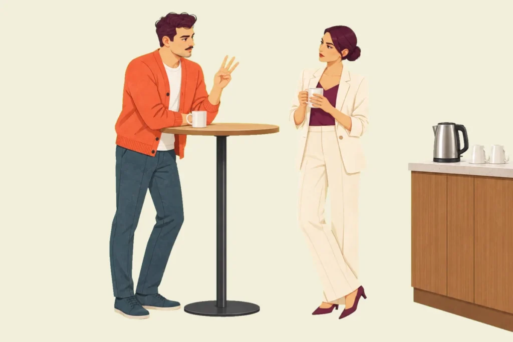 Illustration of Ivo leaning on a high table in an office kitchenette, counting on three fingers as he makes his case, while Mira, cradling her mug, weighs it before deciding.
