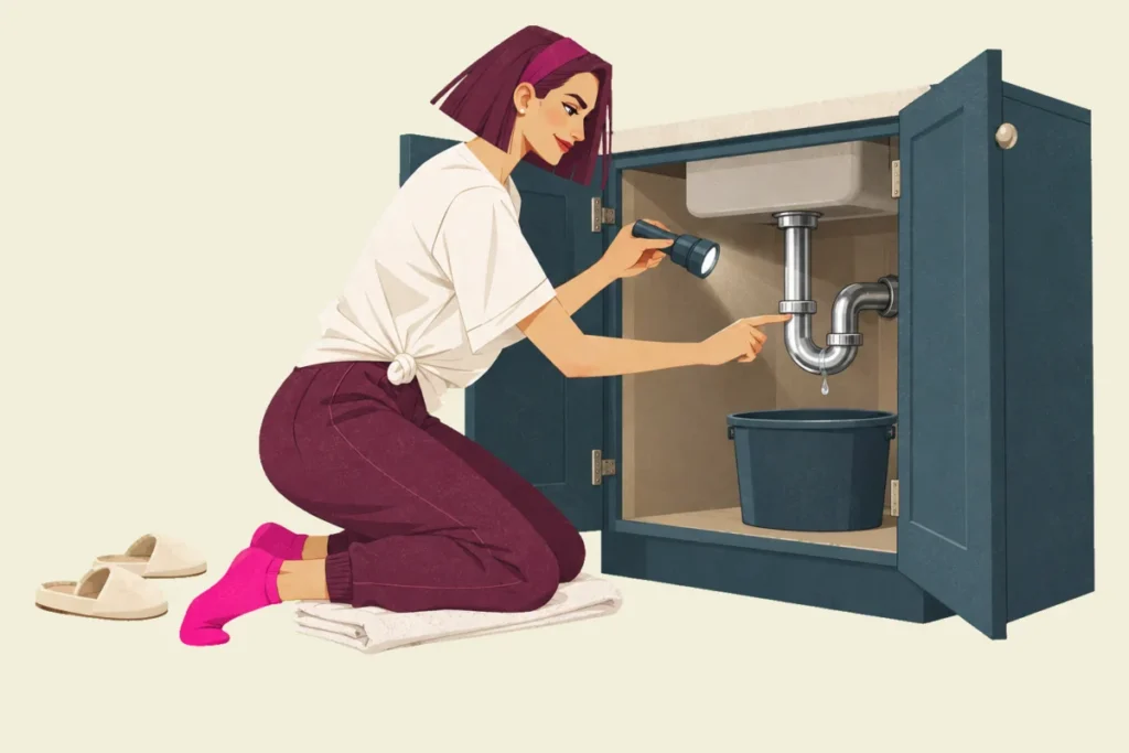Illustration of Mira kneeling on a folded towel at an open cupboard under a sink, shining a torch at the pipe and pointing to the one joint where a drop of water is forming above a bucket, with a small smile.