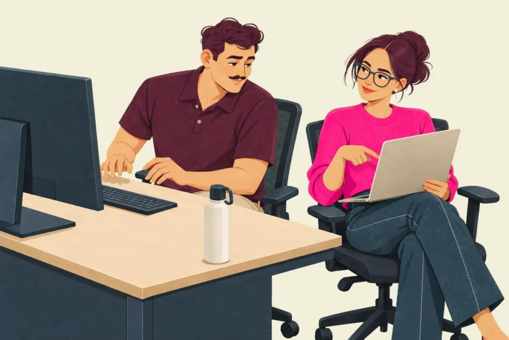 Illustration of Noor in a wheeled chair pulled up beside Ivo's desk, pointing to the laptop balanced on her knee; Ivo turns from his keyboard toward her, half relieved and half embarrassed.