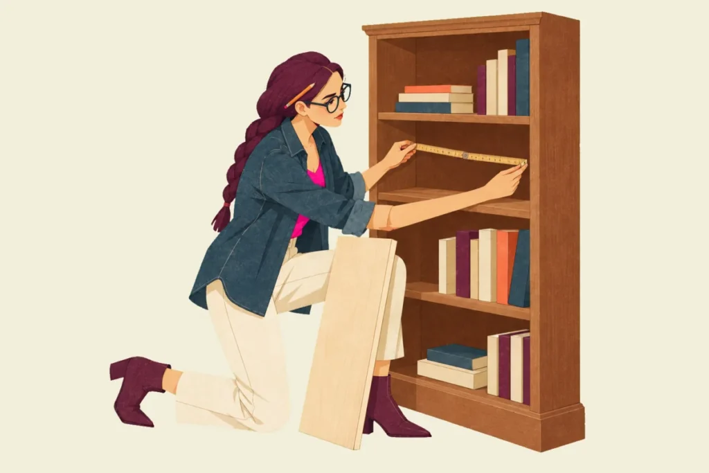 Illustration of Noor kneeling at a wooden bookcase, measuring across an empty shelf space with a folding ruler, a new pale shelf board resting against her knee and a pencil tucked behind her ear.