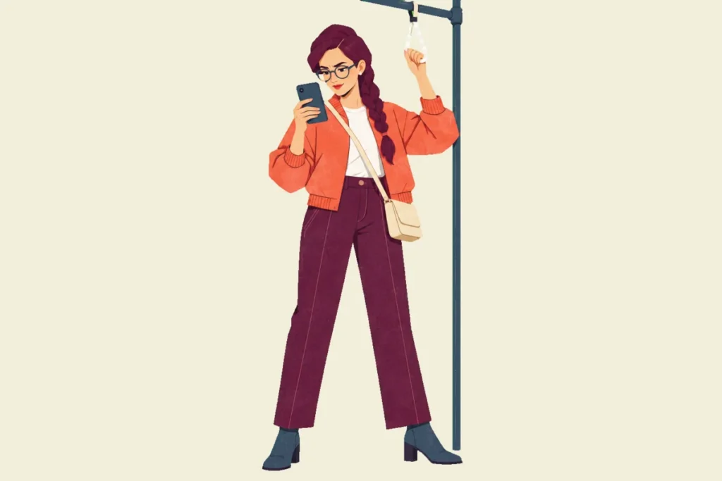 Noor stands beneath a tram handrail, gripping a hanging strap while reading a small phone, with a long braid over her shoulder and a crossbody bag at her hip.