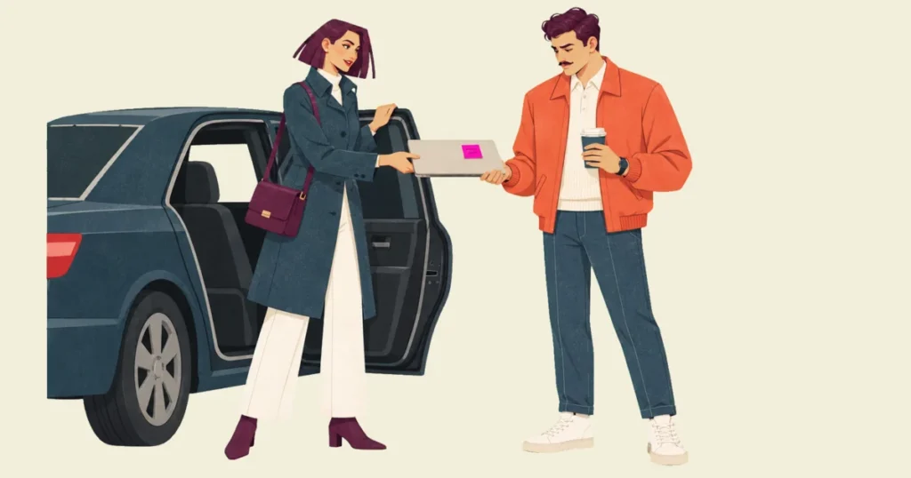 Illustration of Mira, coat on and bag over her shoulder, holding open the rear door of a waiting car as she hands Ivo a closed laptop with a pink sticky note on its lid; Ivo, just arrived with a takeaway cup, takes it while already reading the note.
