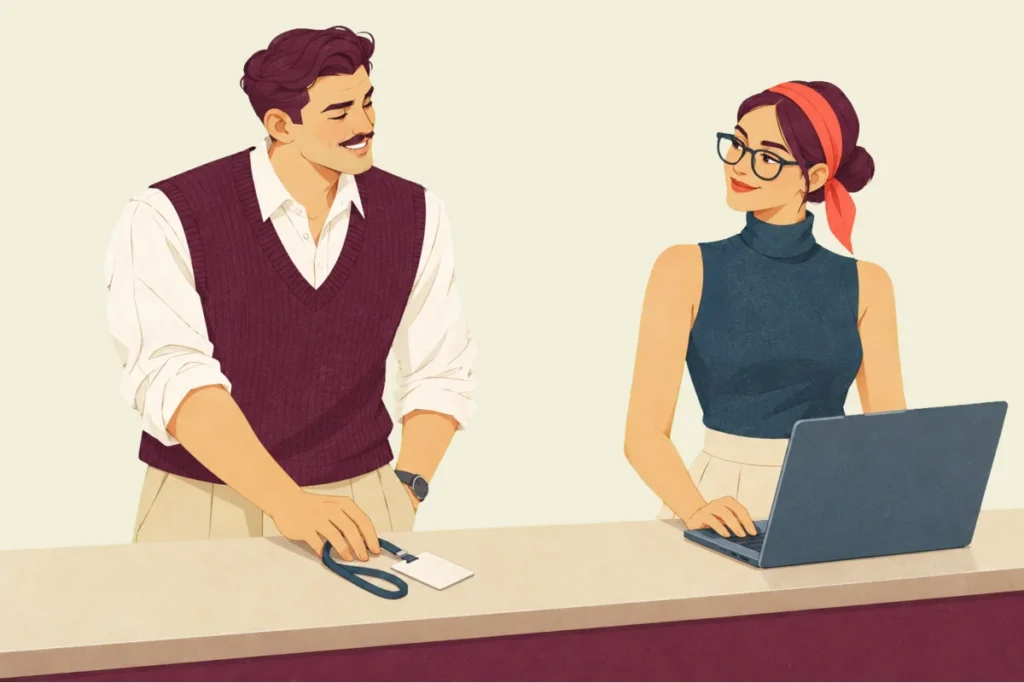 Illustration of Ivo and Noor at a reception counter, Ivo smiling as he lays down his lanyard badge while Noor, one hand on an open laptop, smiles back at him because the check she reran held.