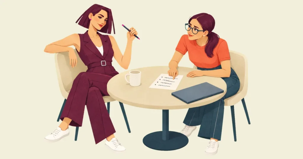 Noor, leaning in across a small round table, rests a fingertip on one line of a short handwritten list while Mira leans back in her chair, pen raised, with a confident half smile.