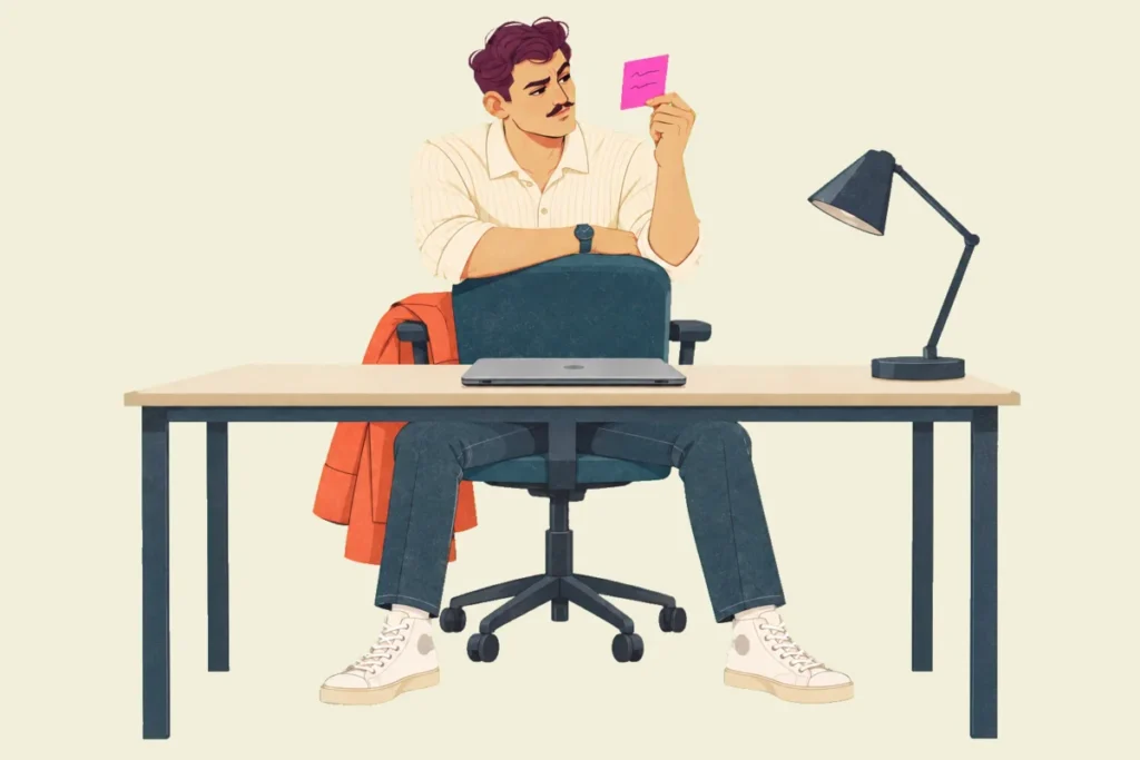 Illustration of Ivo alone at a hot desk, sitting backwards on an office chair with his arms folded on its back, holding a small sticky note up at eye level and eyeing it sceptically, a closed laptop and a desk lamp on the desk in front of him.