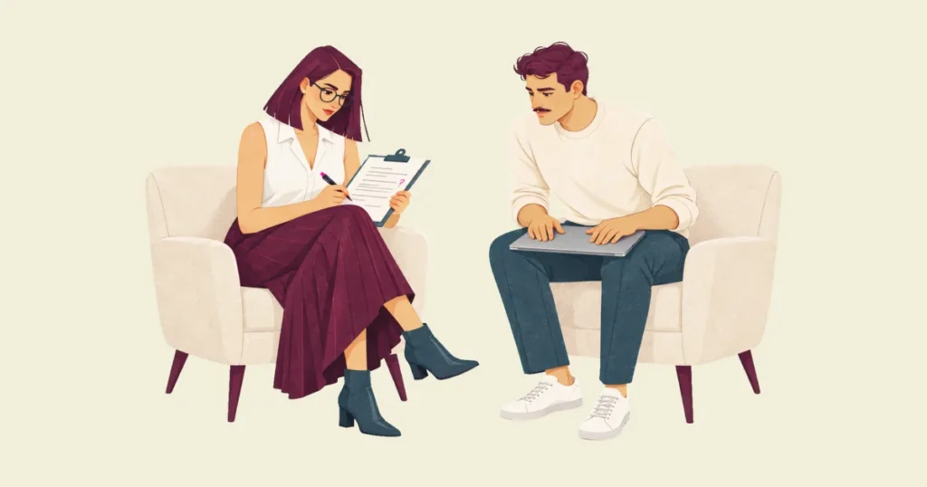 Noor, seated in an armchair, marks a printed plan on a clipboard that has a pink question mark in the margin, while Ivo leans toward her from the armchair opposite, both hands resting on a closed laptop on his knees.